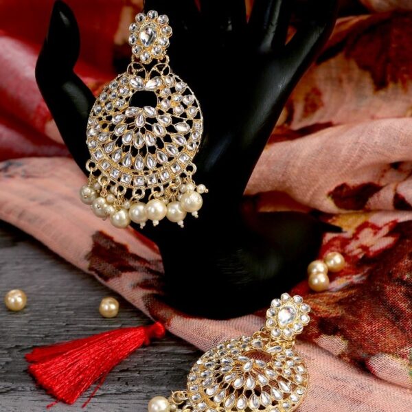 Gold Artificial Kundan Chandbalis With Pearls for Girls and Women
