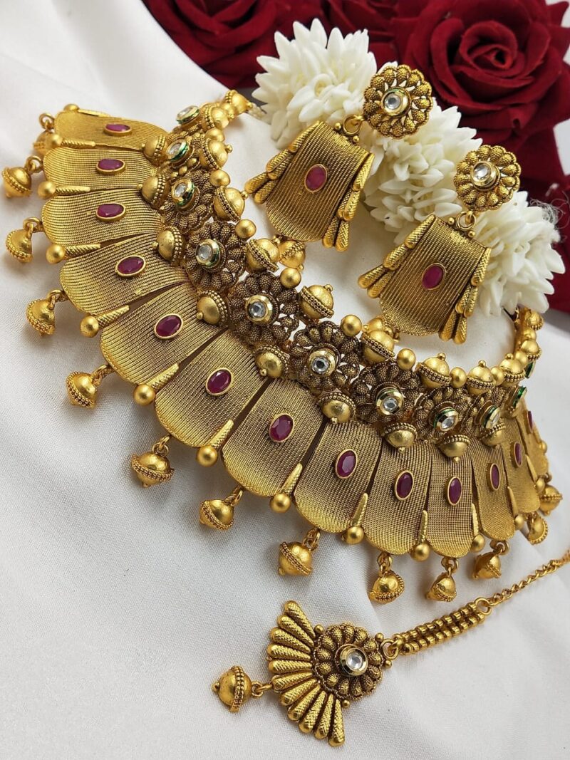 Artificial Gold Plated Wedding Brass Choker Necklace Set For Women