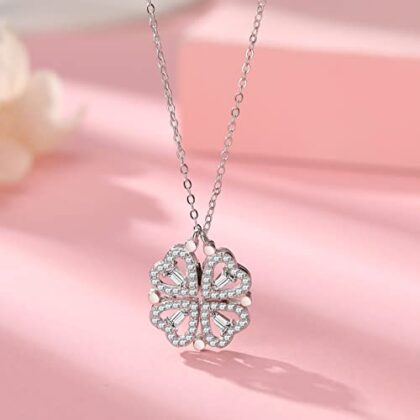 Heart Shaped  Chain with Four Leaf Clover e Magnetic Heart Pendant on Both Sides Women's Stainless Steel Chain
