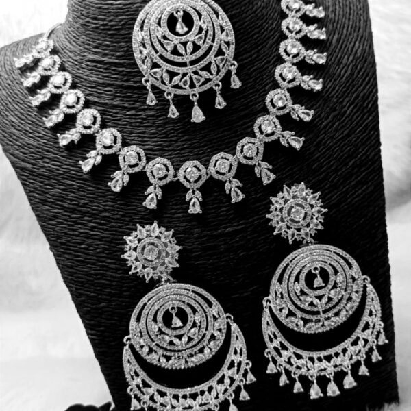 Silver Plated Australian Diamond Necklace Earring with Maangtikka Jewellery Set For Women & Girls-SILVER