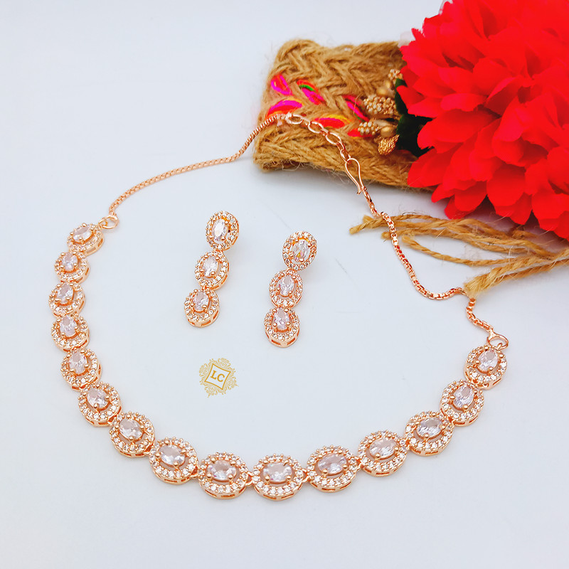 ADELIE Rose Gold Simulated Diamond Necklace Set | EDEN LUXE Bridal