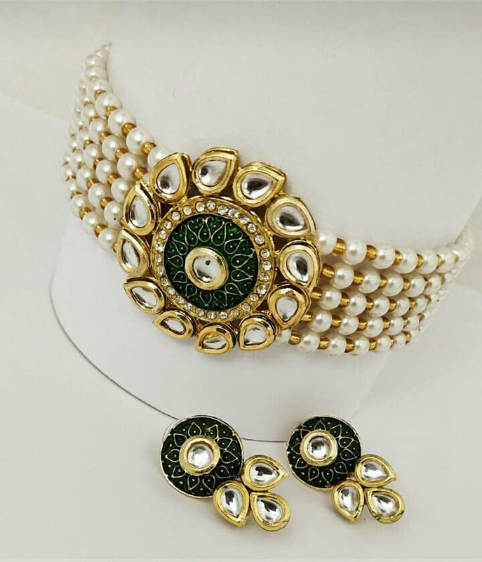 Elegant Kundan & Pearls Choker Necklace Set with Matching Earrings