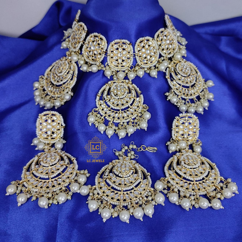 Kundan Beads Gold Plated Choker Necklace Set with Earrings and Maangtikka.
