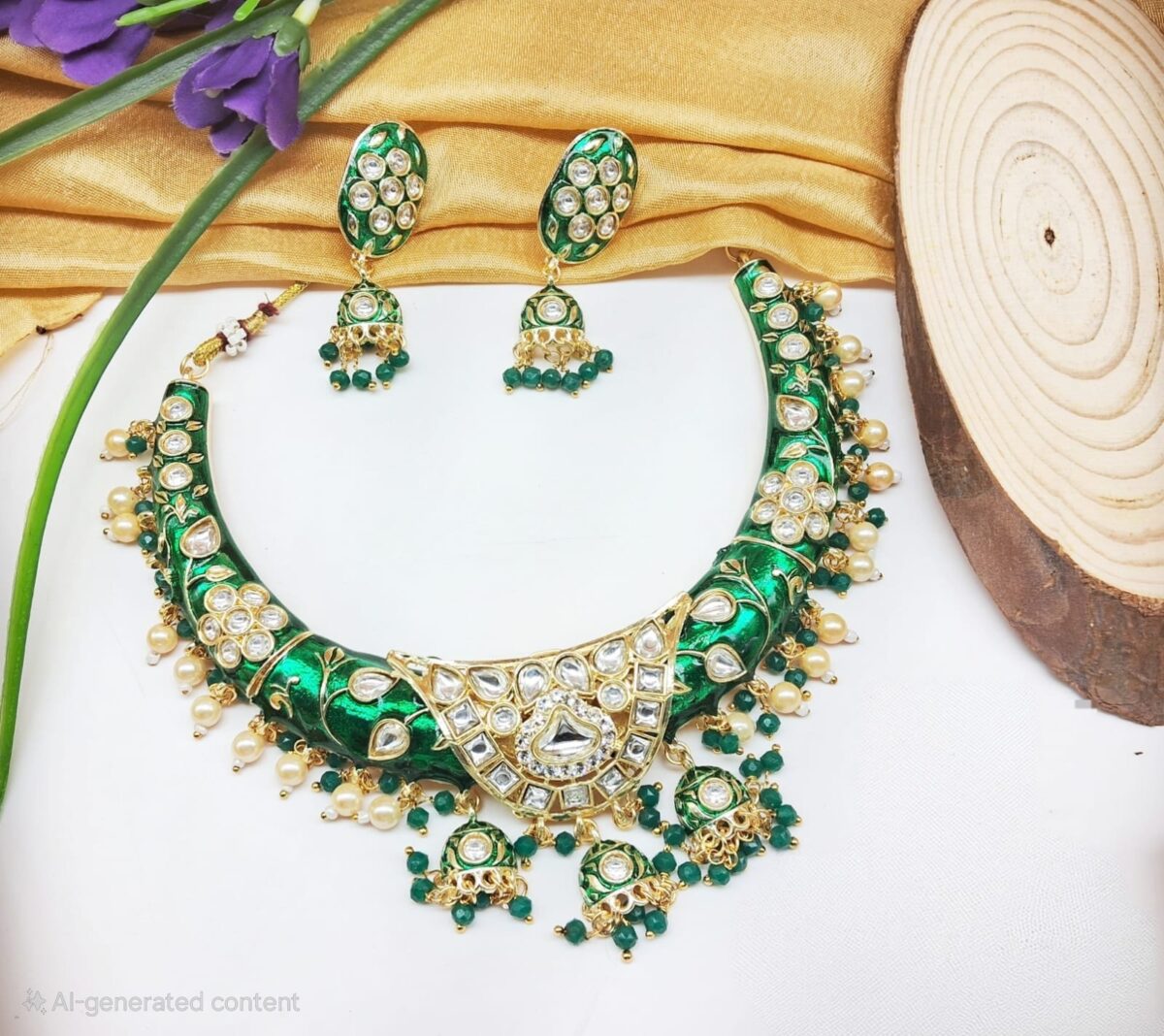 Buy Emerald Green Kundan Meenakari Necklace Set